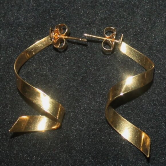 14K Yellow Gold Spiral Ribbon Drop Statement Earrings - Picture 1 of 3